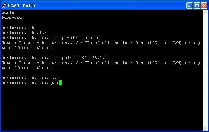 Μετά από αυτό, επιστρέφει στη γραμμή admin(network.lan)>. Γράφουμε save και πατάμε Enter. Γράφουμε quit και πατάμε Enter. Κλείνουμε το putty.