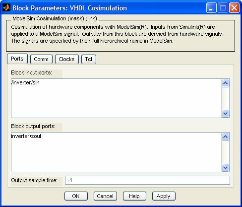 Παράρτημα Γ Σχήμα Γ.2.δ VHDL Cosimulation Block Καρτέλα ports Στην πρώτη καρτέλα του παραθύρου ορίζουμε τις εισόδους και τις εξόδους του σχεδίου μας που θα προσομοιωθεί στο Modelsim.