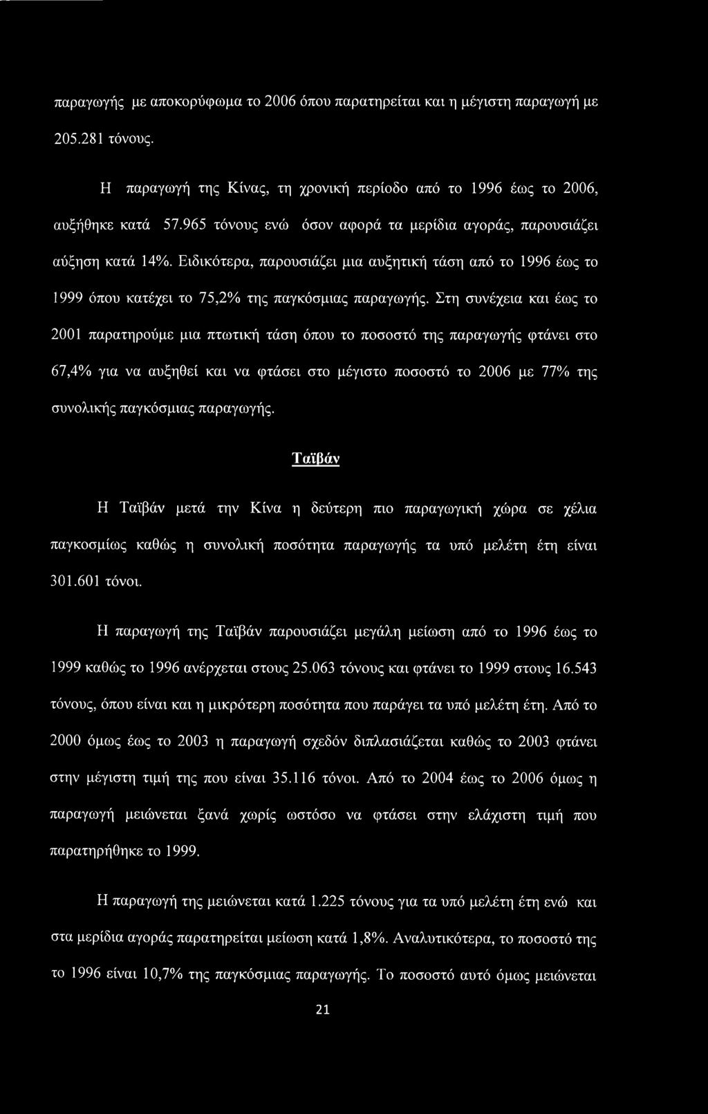 Στη συνέχεια και έως το 2001 παρατηρούμε μια πτωτική τάση όπου το ποσοστό της παραγωγής φτάνει στο 67,4% για να αυξηθεί και να φτάσει στο μέγιστο ποσοστό το 2006 με 77% της συνολικής παγκόσμιας