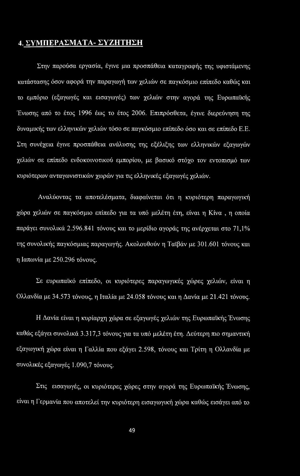 Επιπρόσθετα, έγινε διερεύνηση της δυναμικής των ελληνικών χελιών τόσο σε παγκόσμιο επίπεδο όσο και σε επίπεδο Ε.Ε. Στη συνέχεια έγινε προσπάθεια ανάλυσης της εξέλιξης των ελληνικών εξαγωγών χελιών σε