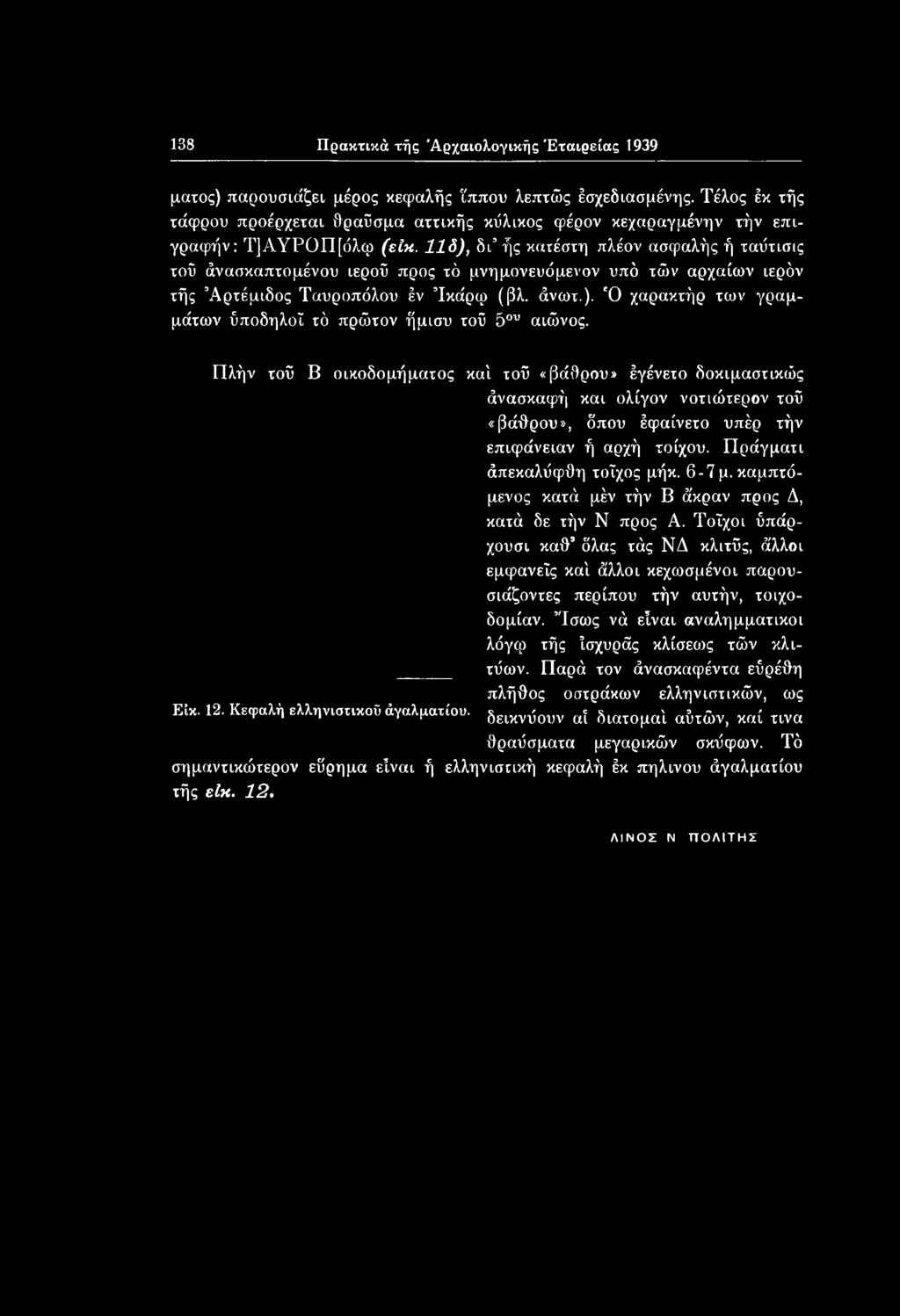 καμπτόμενος κατά μέν τήν Β άκραν προς Δ, κατά δε τήν Ν προς Α. Τοίχοι ύπάρ- χουσι καθ δλας τάς ΝΔ κλιτύς, άλλοι εμφανείς καί άλλοι κεχωσμένοι παρου- σιάζοντες περίπου τήν αυτήν, τοιχο- δομίαν.