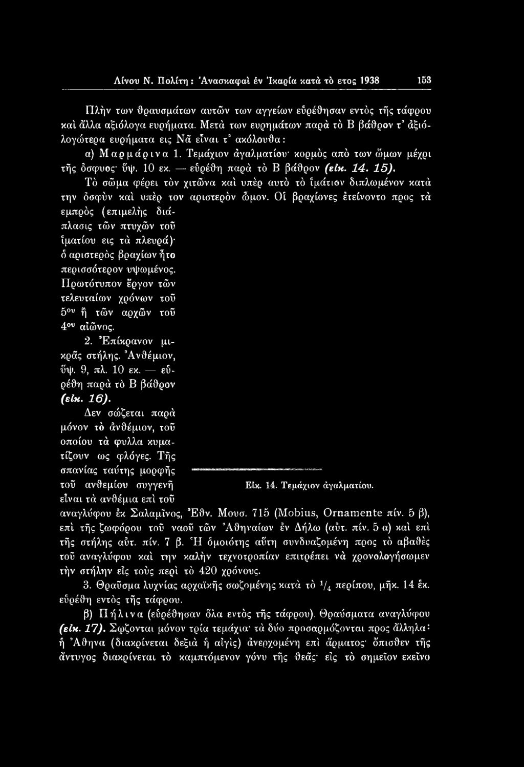 Πρωτότυπον έργον τών τελευταίων χρόνων τοΰ δ011 ή τών αρχών τοΰ 4ου αΐώνος. 2. Έπίκρανον μικράς στήλης. Ανθέμιον, ΰψ. 9, πλ. 10 εκ. εύρέθη παρά τό Β βάθρον (είκ. 16).