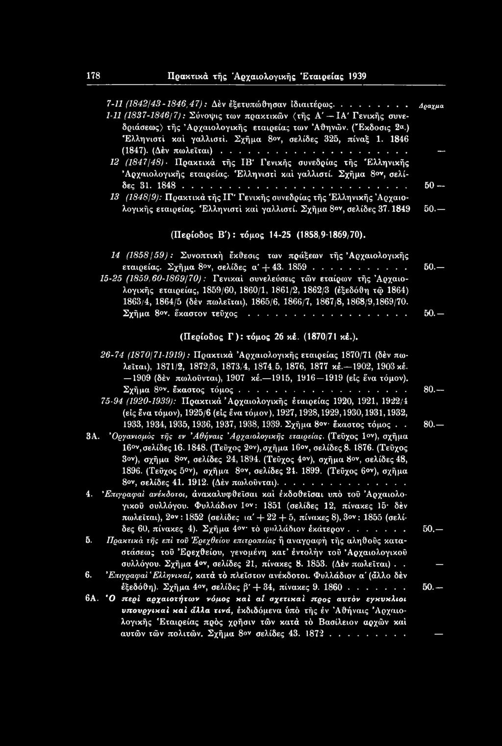 14 (1858/59): Συνοπτική έκθεσις των πράξεων τής Αρχαιολογικής εταιρείας. Σχήμα 8ον, σελίδες α + 43. 1859... 50.