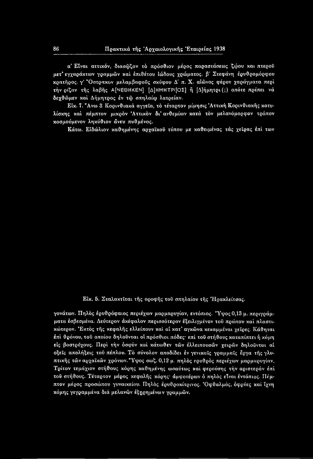 Είκ. 7. Ανω 3 Κορινθιακά αγγεία, τό τέταρτον μίμησις Αττική Κορινθιακής κοτυλίσκης καί πέμπτον μικρόν Αττικόν δι ανθεμίων κατά ιόν μελανόμορφον τρόπον κοσμούμενον ληκόθιον άνευ πυθ μένος. Κάτω.