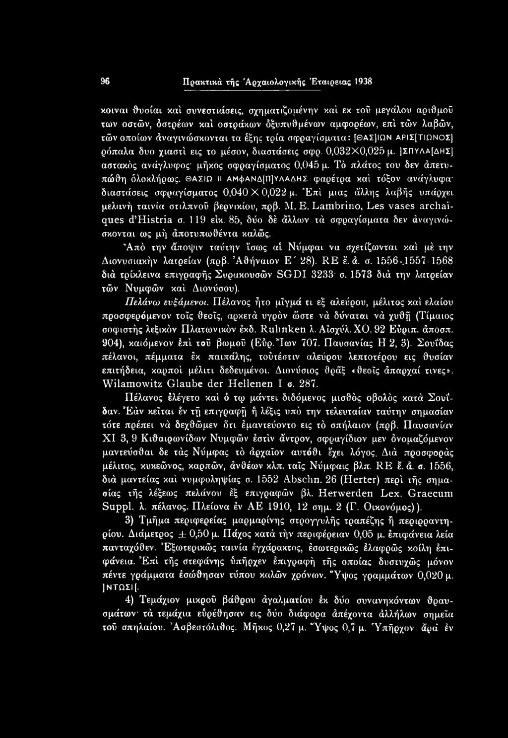 85, δύο δέ άλλων τά σφραγίσματα δεν άναγινώσκονται ως μή άποτυπωθέντα καλώς. Από την άποψιν ταύτην ίσως αί Νΰμφαι να σχετίζωνται καί μέ την Διονυσιακήν λατρείαν (πρβ. Άθήναιον Ε' 28). RE έ. ά. σ. 1556-.