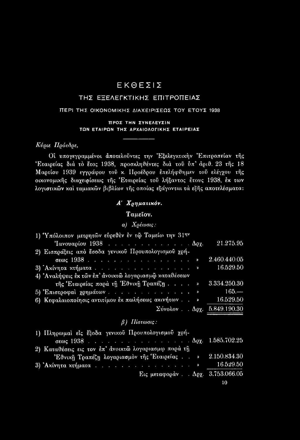 ΙΙροέδρου έπελήφθημεν τοΰ ελέγχου τής οικονομικής διαχειρίσεως τής Εταιρείας τοΰ λήξαντος έτους 1938, έκ των λογιστικών καί ταμιακών βιβλίων τής οποίας εξάγονται τά εξής αποτελέσματα: Α' Χρηματικόν.