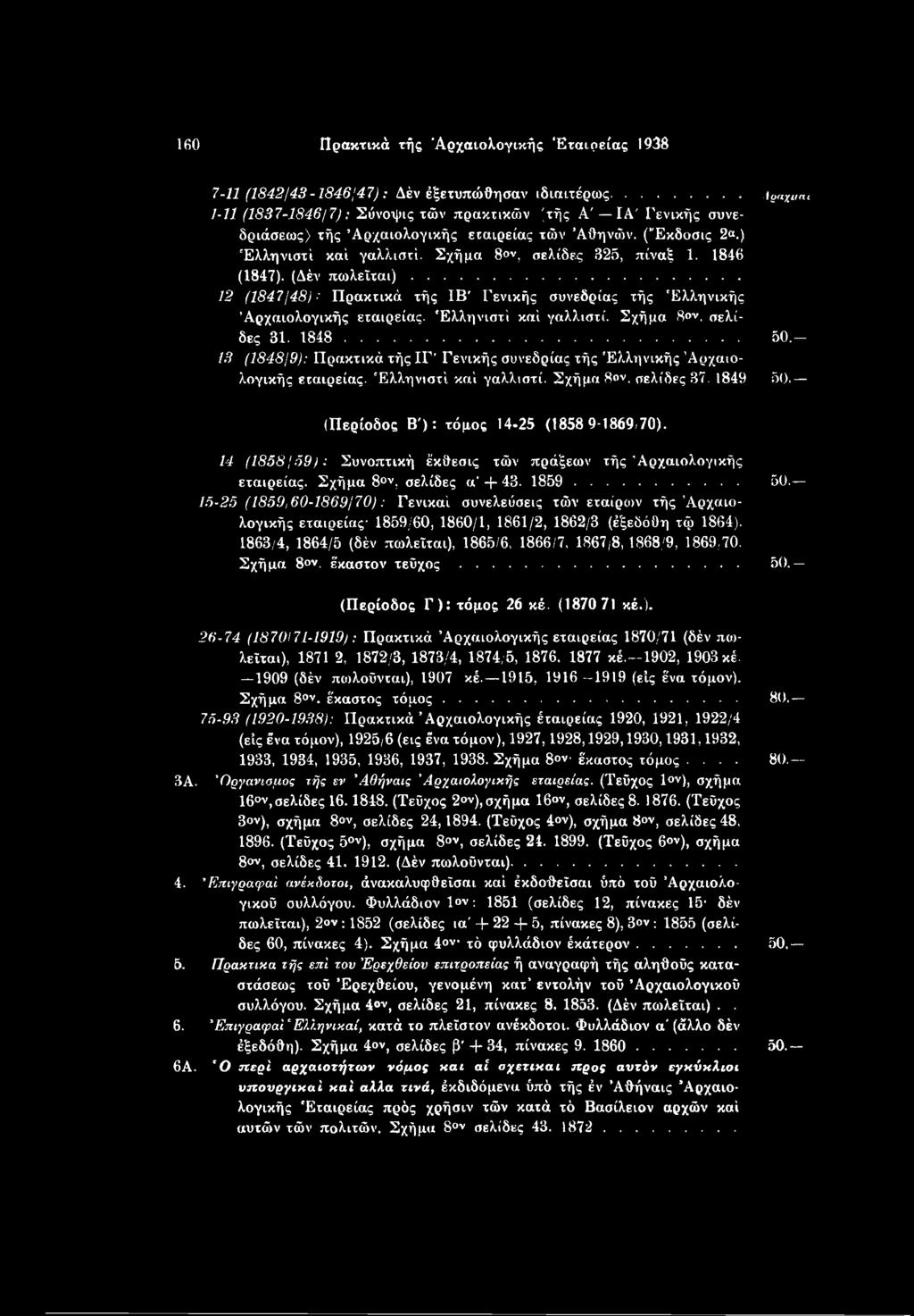 14 (1858/59): Συνοπτική έκθεσις τών πράξεων τής Αρχαιολογικής εταιρείας. Σχήμα 80ν, σελίδες α -(- 43. 1859.