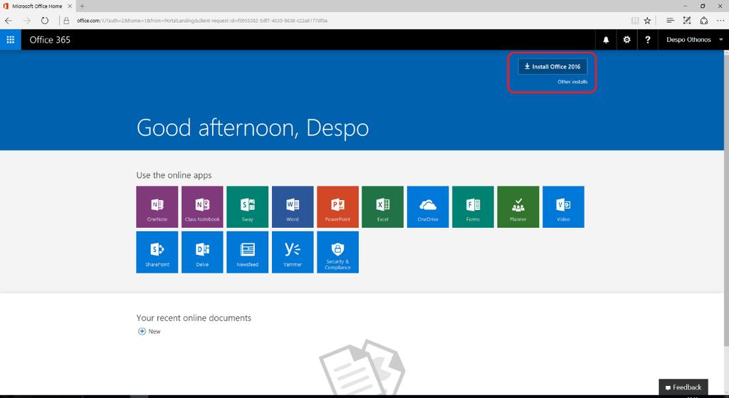 Κάνοντας login, αυτή είναι η αρχική σελίδα: Υπάρχει επιλογή για εγκατάσταση του Office 2016