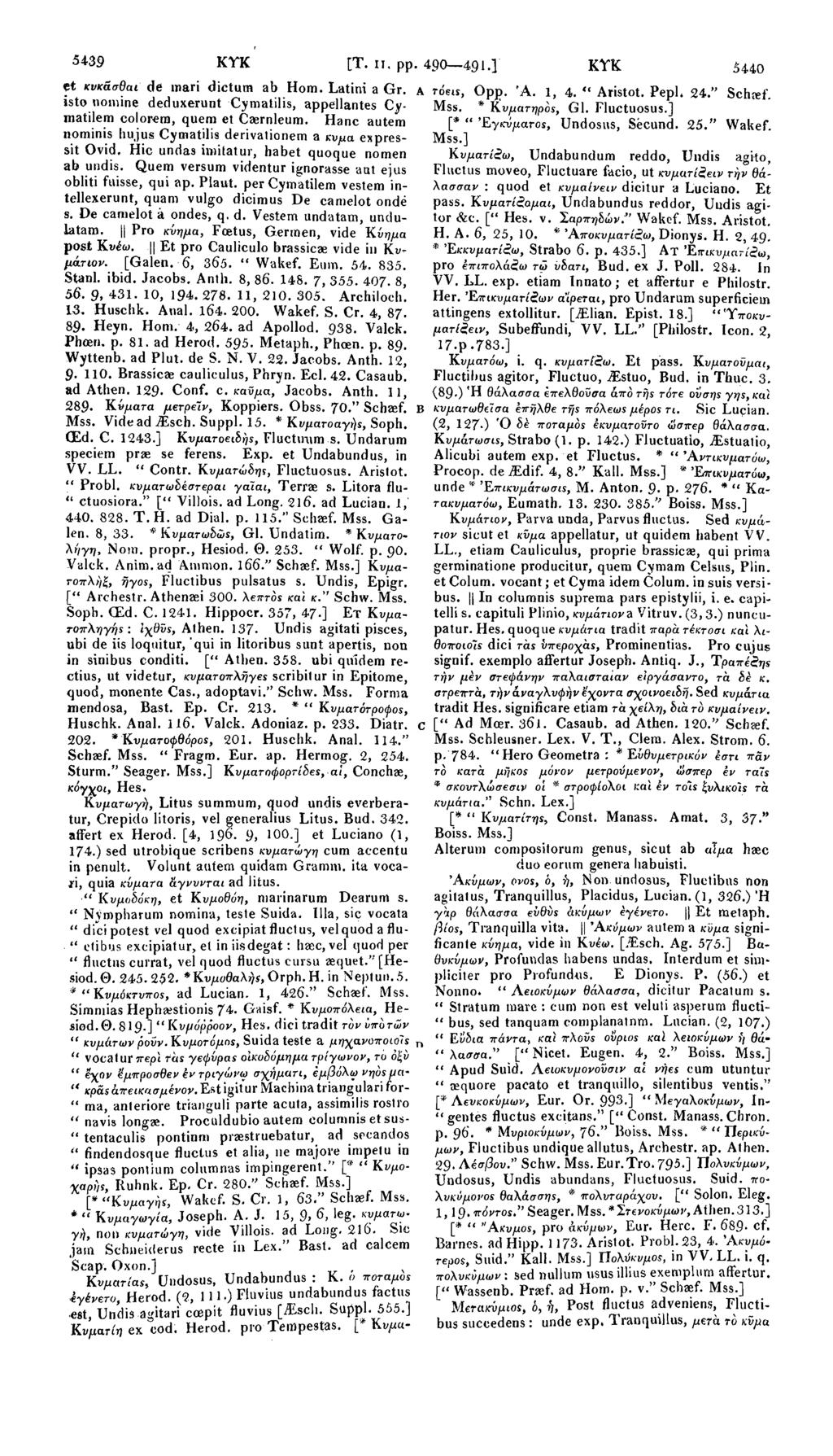 54 39 ΚΤΚ [Τ. II. pp. 490 491.] KYK 5440 et κνκάσθαι de mari dictum ab Hom. Latini a Gr. A τόειι, Opp. Ά. 1, 4. " Aristot. Pepl, 24." Schref. isto nomine deduxerunt Cymatilis, appellantes Cy Mss.