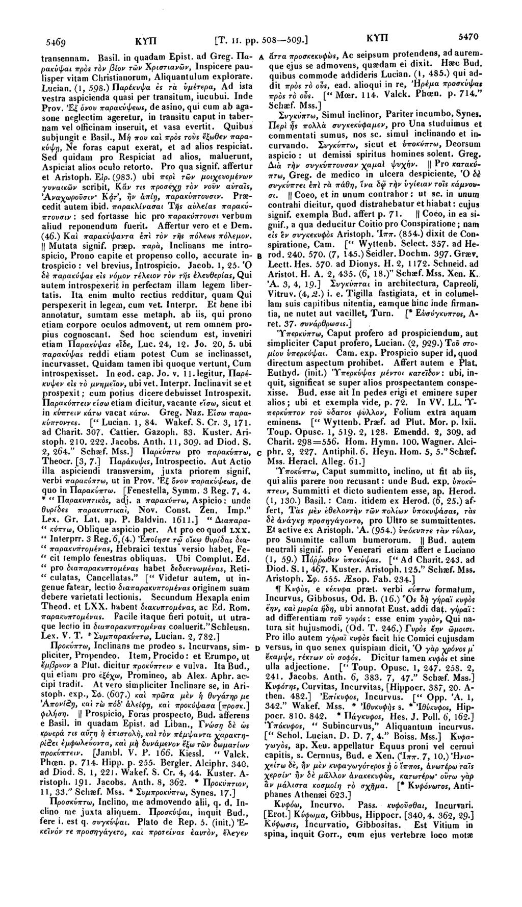 5469 ΚΥΠ transennam. Basil, in quadam Epist. ad Greg. Παρακνψαι πρόε τόν βίον τών Χριστιανών, Inspicere paulisper vitam Christianorum, Aliquantulum explorarc. Lucian. (1, 598.