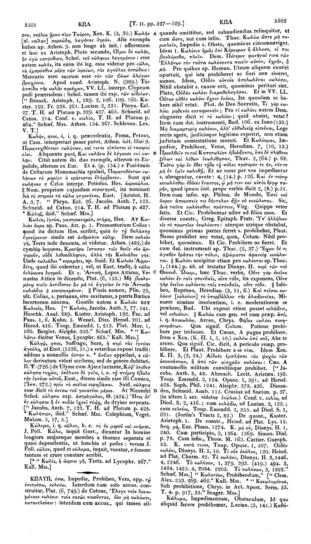 5501 ΚΩΛ [T. 11. pp. 527 529 ] ΚΩΛ 5502 φου, σκέλοs fjpao πίον Ταύρου, Xen. Κ. (5, 30.) Κωλήν Α quando omittitur, sed subaudiendus relinquitur, et [al. Γ»1 κοίλη»].'σαρκώδη, ι λ/\ϊιι/ι /rnnir/.ifiri.