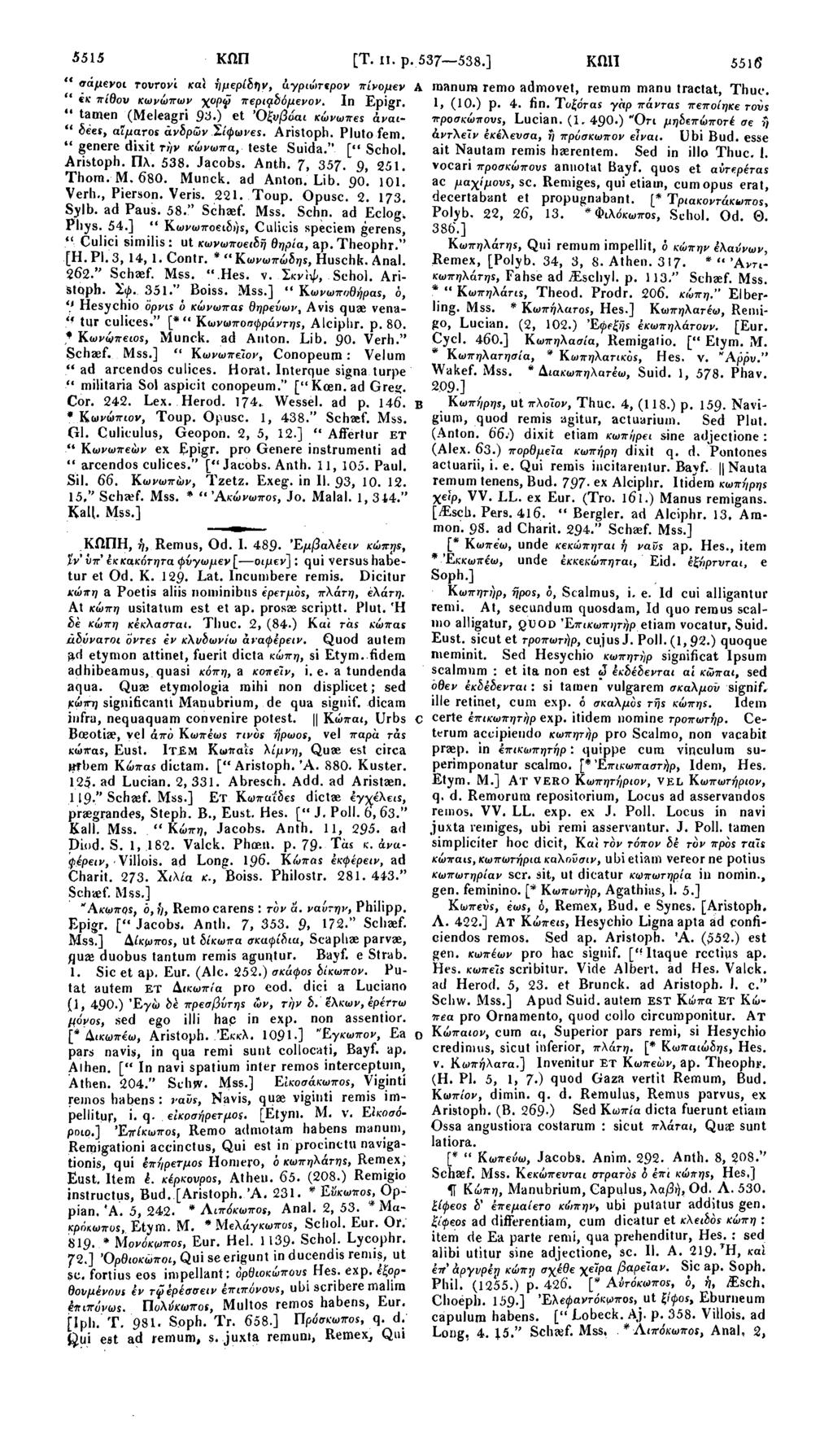 5515 ΚΩΠ [Τ. II. ρ. 537 538.] ΚΩΠ 551 β A manure remo admovet, remum manu tractat, Thue. 1, (10.) p. 4. fin. Τοξότας γάρ πάντας πεποίηκε τους προσκώπους, Lucian. (1. 490.