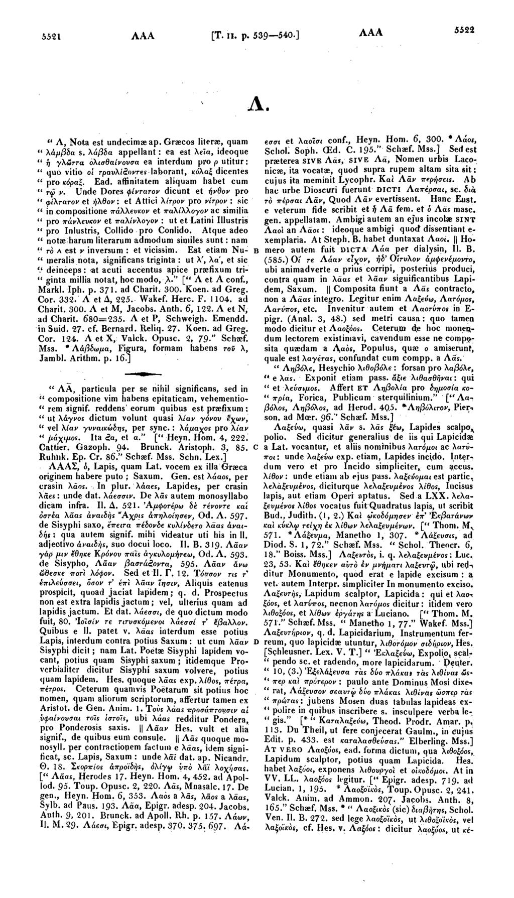 5521 AAA [Τ. II. p. 539 540 ] AAA 5522 " A, Nota est undecimaeap. Graecos literae, quam " λάμβδα s.