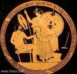 φοβηθεὶς κατέέπιεν αὐτήήν ὡς δ ὁ τῆς γεννήήσεως ἐνέέστη χρόόνος, πλήήξαντος αὐτοῦ τὴν κεφαλὴν πελέέκει Προµμηθέέως ἢ καθάάπερ ἄλλοι λέέγουσιν Ἡφαίίστου, ἐκ κορυφῆς, ἐπὶ ποταµμοῦ Τρίίτωνος, Ἀθηνᾶ σὺν