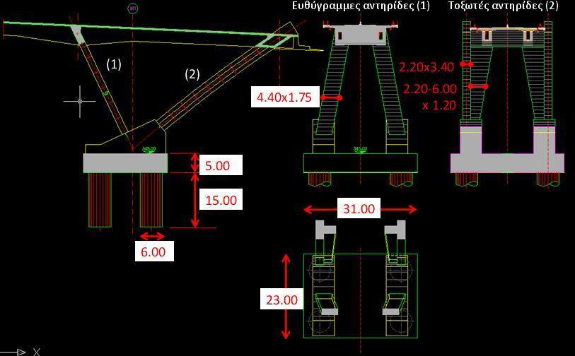 Μεσόβαθρο Μ1 Το κατάστρωμα της γέφυρας πρόσβασης φέρεται από ένα αντηριδωτό μεσόβαθρο, μορφής, V από οπλ.