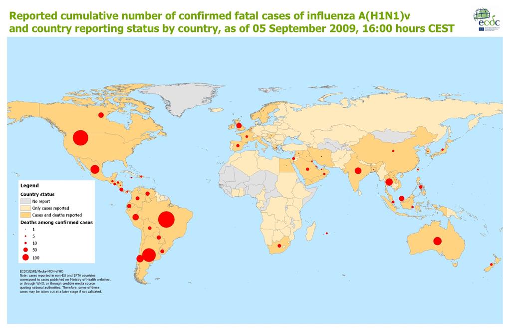 Παγκόσμια εξάπλωση νέας γρίπης Α (Η1Ν1) και αθροιστικός αριθμός θανάτων σε ασθενείς με
