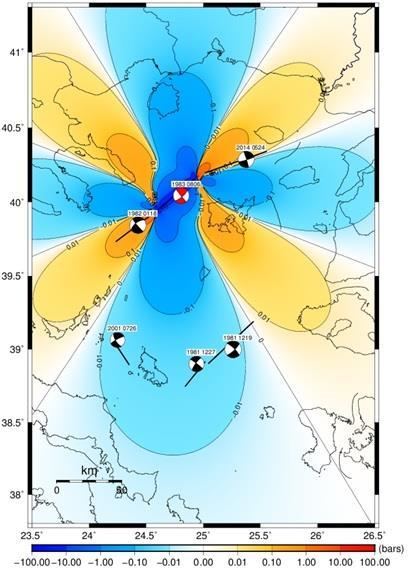 Σχήμα 2.3 (δ): Χάρτης της εξεταζόμενης περιοχής όπου φαίνεται η χωρική κατανομή της ΔCFS που προκλήθηκε από τον σεισμό στις 6/8/83.
