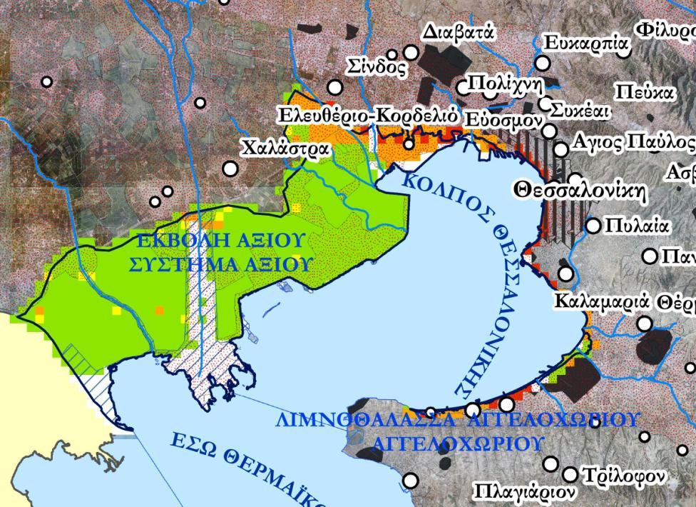 Εικόνα : Χάρτης Κινδύνου πλημμύρας λόγω ανύψωσης στάθμης θάλασσας για Τ=100έτη Ζώνης EL10RAK0008 7.4.