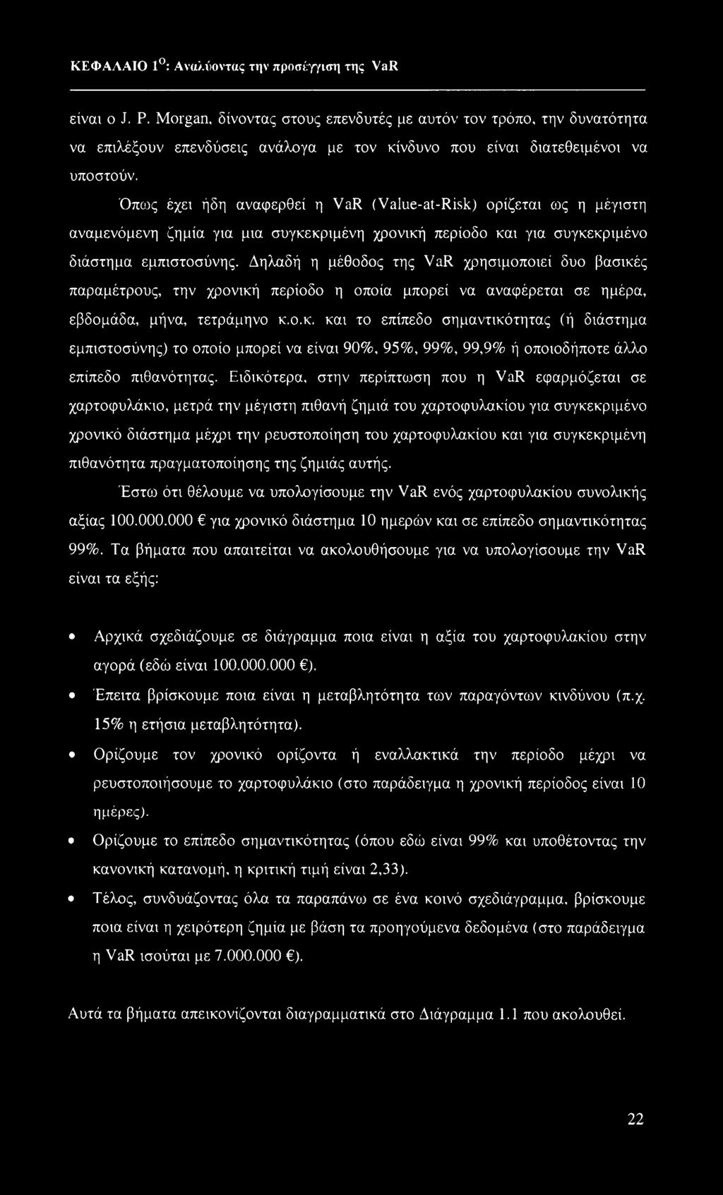 Όπως έχει ήδη αναφερθεί η VaR (Value-at-Risk) ορίζεται ως η μέγιστη αναμενόμενη ζημία για μια συγκεκριμένη χρονική περίοδο και για συγκεκριμένο διάστημα εμπιστοσύνης.