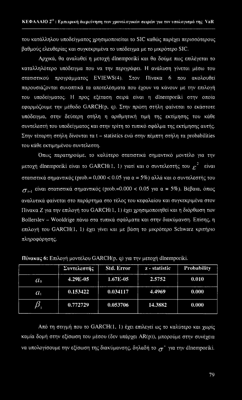 Η ανάλυση γίνεται μέσω του στατιστικού προγράμματος EVIEWSC4). Στον Πίνακα 6 που ακολουθεί παρουσιάζονται συνοπτικά τα αποτελέσματα που έχουν να κάνουν με την επιλογή του υποδείγματος.