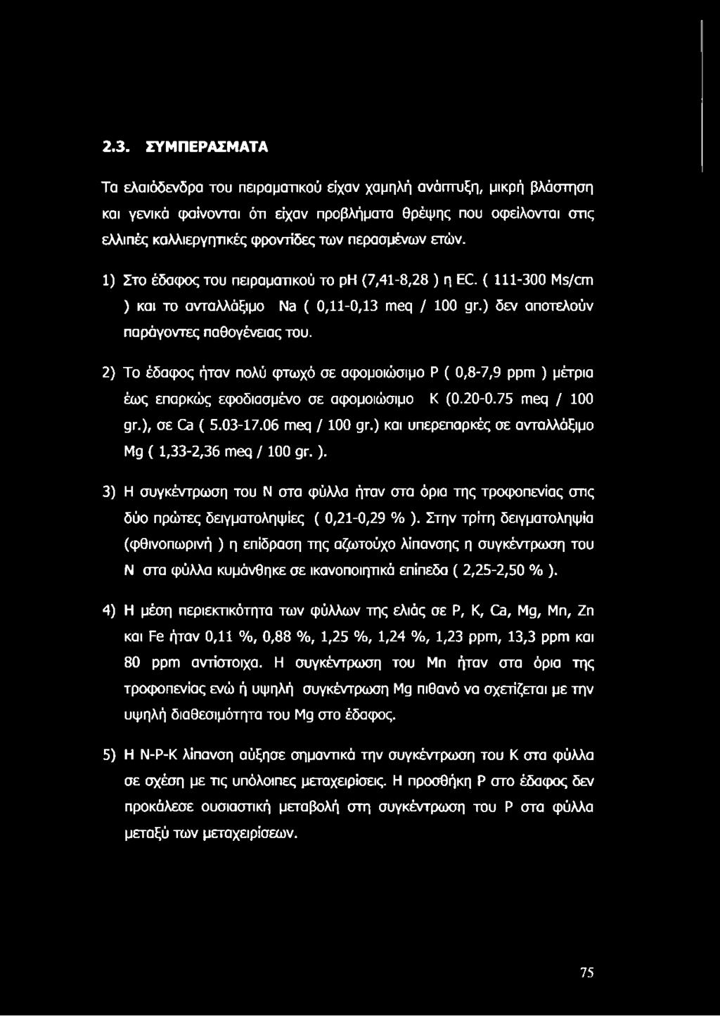 2) Το έδαφος ήταν πολύ φτωχό σε αφομοιώσιμο Ρ ( 0,8-7,9 ppm ) μέτρια έως επαρκώς εφοδιασμένο σε αφομοιώσιμο Κ (0.20-0.75 meq / 100 gr.), σε Ca ( 5.03-17.06 meq / 100 gr.