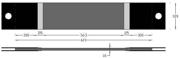 58 πως η ρητίνη που χρησιμοποιήθηκε για τη συγκόλληση των μεταλλικών πλακών, τοποθετήθηκε και εκτός της επιφάνειας επαφής σε μορφή σφήνας (Σχ. 4.3). Σχήμα 4.3 Διαστάσεις δοκιμίου (σε mm).