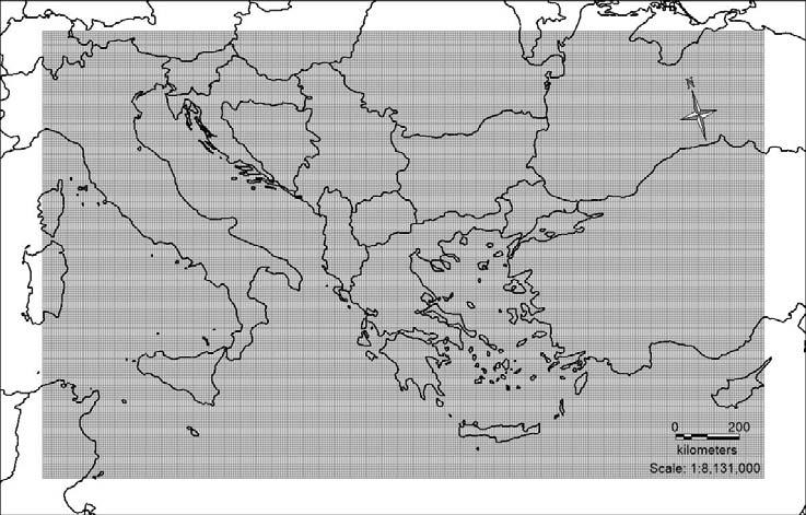 α) β) Σχήμα 9.4: Απεικόνιση των πλεγμάτων προσομοίωσης του μοντέλου CAMx: α) Ανατολική Μεσόγειος, β) Ελλάδα.