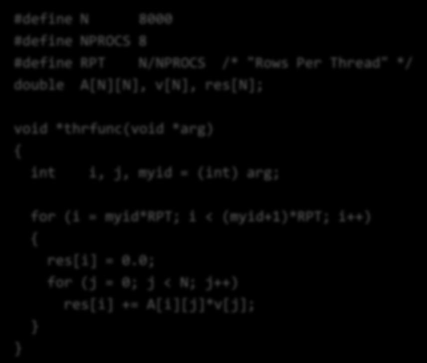 Πίνακασ επί διάνυςμα παράλλθλα (Ι) main() int i; pthread_t tids[nprocs]; for (i = 0; i < NPROCS; i++) pthread_create(&tids[i], NULL, thrfunc, (void *) i); for (i = 0; i < NPROCS; i++)