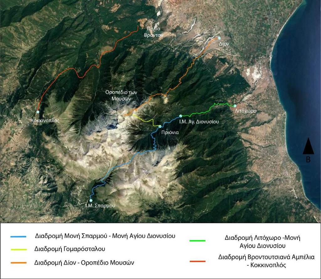 Εικόνα 74: Σε αυτή την εικόνα με την βοήθεια του υποβάθρου δορυφορικών λήψεων του λογισμικού google earth αποτυπώνεται κατά προσέγγιση η διαδρομή των μονοπατιών που περιγράφονται