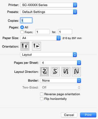 U «Εκτύπωση (Mac OS X)» στη σελίδα 64 B Στην οθόνη Print Layout (Διάταξη εκτύπωσης), προσδιορίστε τον αριθμό των σελίδων ανά φύλλο και τη σειρά των σελίδων.