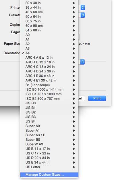 U «Εκτύπωση (Mac OS X)» στη σελίδα 64 Σημείωση: Για να αλλάξετε το μέγεθος χαρτιού που αποθηκεύσατε, κάντε κλικ στο όνομα του μεγέθους χαρτιού στη λίστα αριστερά.