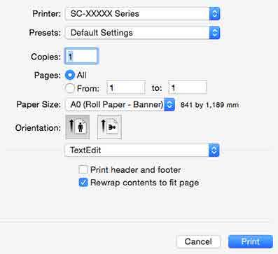 Επιλογές εκτύπωσης Πραγματοποίηση ρυθμίσεων σε Mac OS X Από την οθόνη Print (Εκτύπωση), επιλέξτε το A μέγεθος των δεδομένων που δημιουργήθηκαν με την εφαρμογή Paper Size (Μέγεθος χαρτιού).