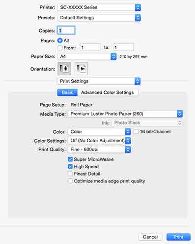 Για Mac OS X Επιλέξτε Print Settings (Ρυθμίσεις εκτύπωσης) από τη λίστα και, στη συνέχεια, επιλέξτε Off (No Color Adjustment) (Όχι (Χωρίς ρύθμιση των χρωμάτων)) για τη ρύθμιση Color Settings
