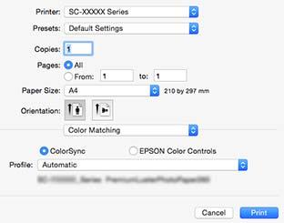 Εκτύπωση διαχείρισης χρώματος C Επιλέξτε Color Matching (Αντιστοίχιση χρωμάτων) από τη λίστα και, στη συνέχεια, κάντε κλικ στο ColorSync.