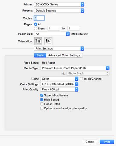 Βασικές λειτουργίες E Επιλέξτε Print Settings (Ρυθμίσεις εκτύπωσης) από τη λίστα και στη συνέχεια διαμορφώστε το κάθε στοιχείο.