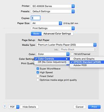 Επιλογές εκτύπωσης D Επιλέξτε Print Settings (Ρυθμίσεις εκτύπωσης) από τη λίστα και, στη συνέχεια, επιλέξτε Color Controls (Ρυθμίσεις χρωμάτων) ως ρύθμιση Color Settings (Ρυθμίσεις χρώματος).