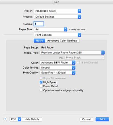 Επιλογές εκτύπωσης C Κάντε κλικ στο Advanced Color Settings. Εκτύπωση χωρίς περιθώρια D Πραγματοποιήστε τις απαραίτητες ρυθμίσεις.