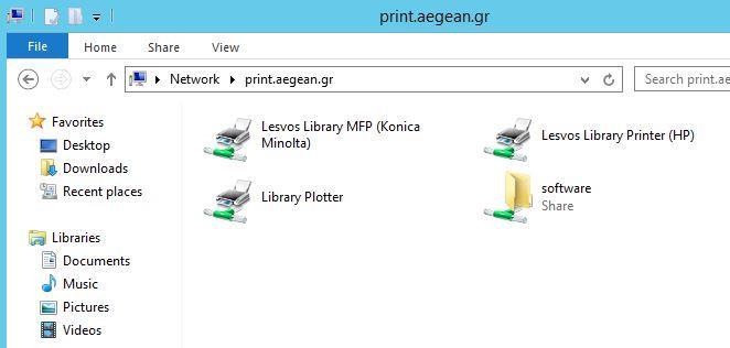 2. Εγκατάσταση εκτυπωτών Μεταβείτε μέσω του windows explorer στην εξής θέση δικτύου: \\print.aegean.gr.
