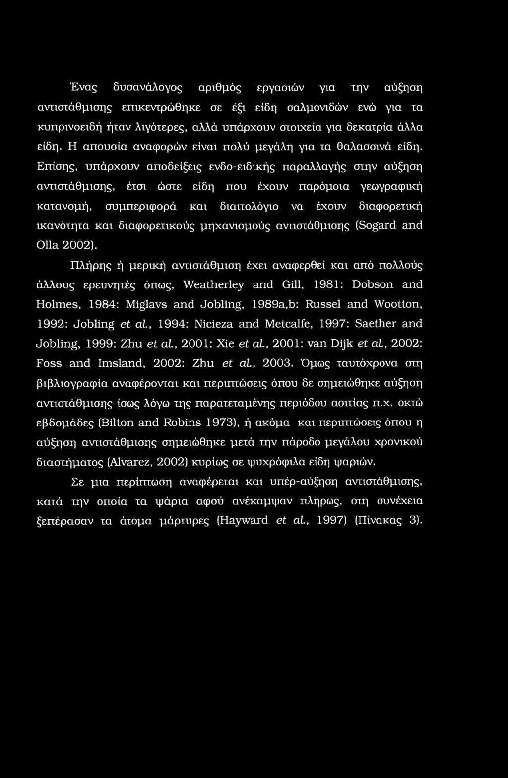 Ένας δυσανάλογος αριθμός εργασιών για την αύξηση αντιστάθμισης επικεντρώθηκε σε έξι είδη σαλμονιδών ενώ για τα κυπρινοειδή ήταν λιγότερες, αλλά υπάρχουν στοιχεία για δεκατρία άλλα είδη.