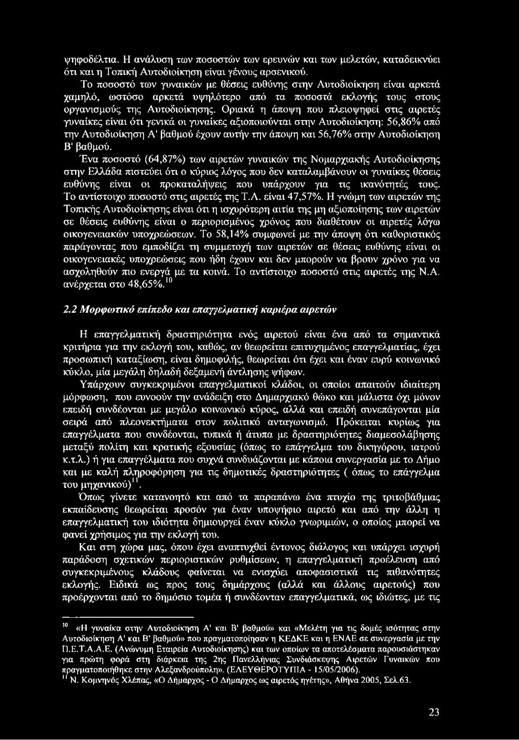 Οριακά η άποψη που πλειοψηφεί στις αιρετές γυναίκες είναι ότι γενικά οι γυναίκες αξιοποιούνται στην Αυτοδιοίκηση: 56,86% από την Αυτοδιοίκηση Α' βαθμού έχουν αυτήν την άποψη και 56,76% στην