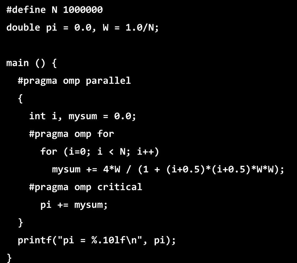 Υπολογισμός του π (μέχρι τώρα) #define N 1000000 double pi = 0.0, W = 1.0/N; main() { int i; for (i = 0; i < N; i++) pi += 4*W / (1 + (i+0.5)*(i+0.5)*w*w); printf("pi = %.