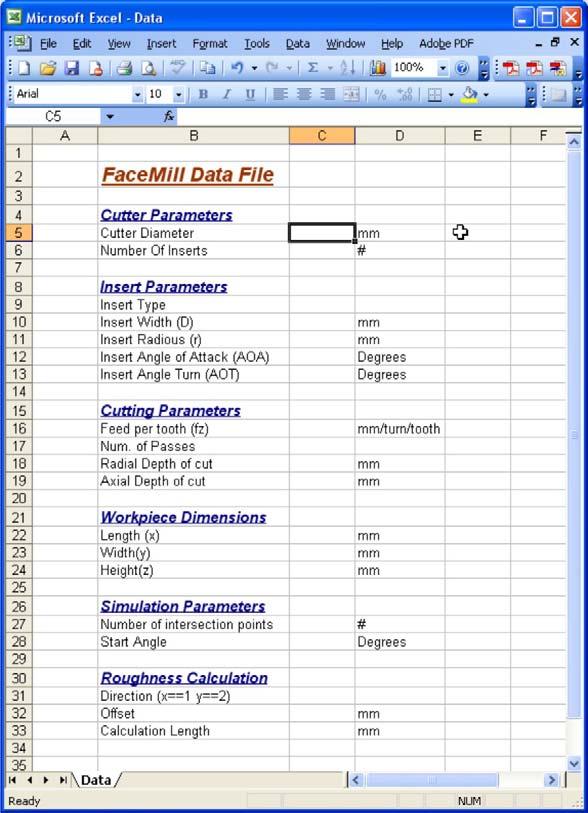 Παρουσίαση Λογισμικού 47 Το φύλλο Excel δημιουργείται αυτόματα από τον κώδικα του προγράμματος FaceMill και η εγκυρότητα των τιμών που εισάγονται ελέγχεται από αυτό.