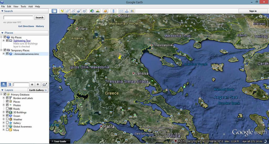 Εικόνα 8.19. Το τέταρτο παράδειγμα στο χάρτη από το πρόγραμμα google earth Το σημείο αυτό έχει γεωγραφικό μήκος λ= 21.