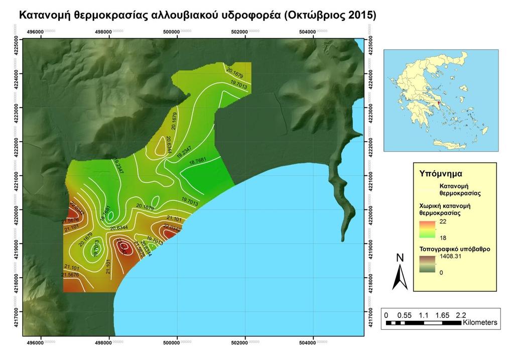 Σχήμα 6.5 Κατανομή θερμοκρασίας στον αλλουβιακό υδροφορέα του Μαραθώνα. ID 6.