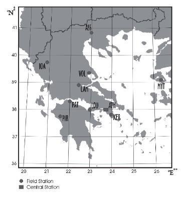 Σχήμα 5.2: Χάρτης των σταθμών του δικτύου ΒΑΝ που λειτουργούν σήμερα στην Ελλάδα. Πηγή: Varotsos et al 2011