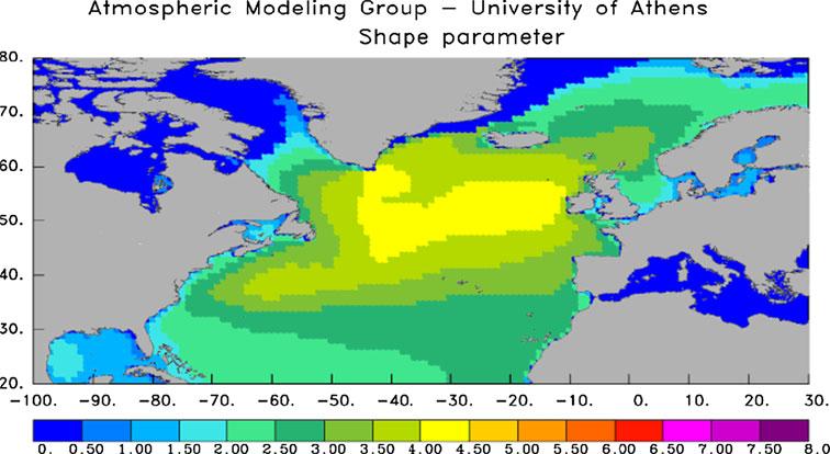 8 The shape parameter of the Weibull distributions that fit to the WAM modeled significant wave height over the north Atlantic ocean for the months March May significant part of the variability is