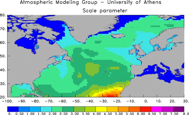 16 The scale parameter of the Weibull distributions that fit to the WAM modeled significant wave height over the north Atlantic ocean for the months March May geometry (IG) techniques are discussed