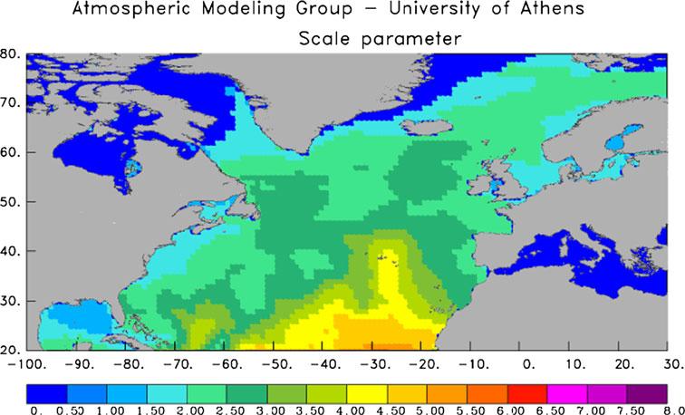 18 The scale parameter of the Weibull distributions that fit to the WAM modeled significant wave height over the north Atlantic ocean for the months September November Table 1 The main statistical