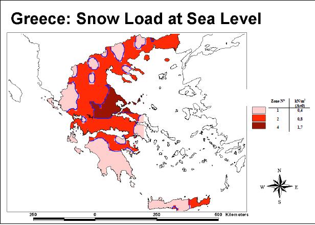 Σχήμα 3.5 Ζώνες για φορτίο χιονιού στην Ελλάδα στο επίπεδο της θάλασσας[5] Οι ζώνες χιονιού με τις αντίστοιχες χαρακτηριστικές τιμές σύμφωνα με το Εθνικό Προσάρτημα φαίνονται στον Πίνακα 3.