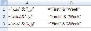 فرمول نویسی و کار با تابع ها 160 مثال 3-4 دو رشتهي»هفته«و»اول«را با هم تركيب كنيد بهطوريكه نتيجه»هفته اول«شود. همينطور رشتهي التين First Week را از تركيب دو رشتهی Week و First ايجاد كنيد.